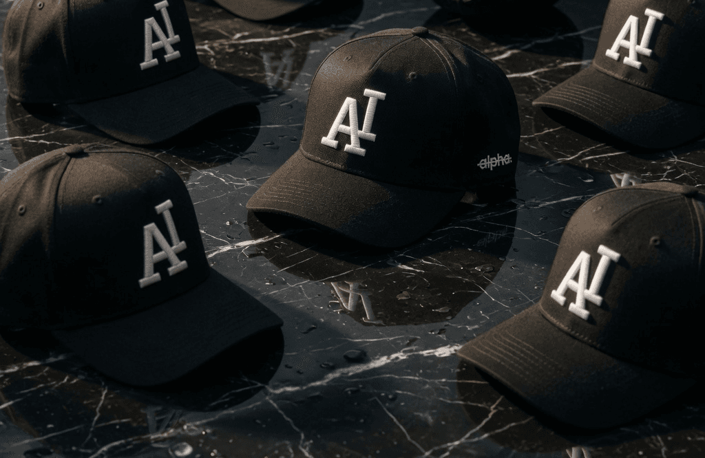 Black caps with white embroidered logo on a neutral surface